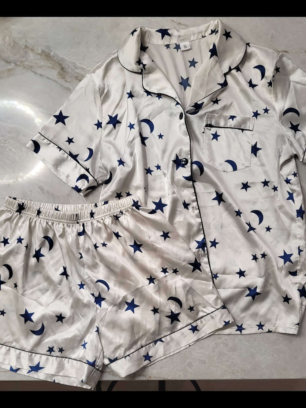 Silky Star & Moon Pajama Set - White with Navy Print
